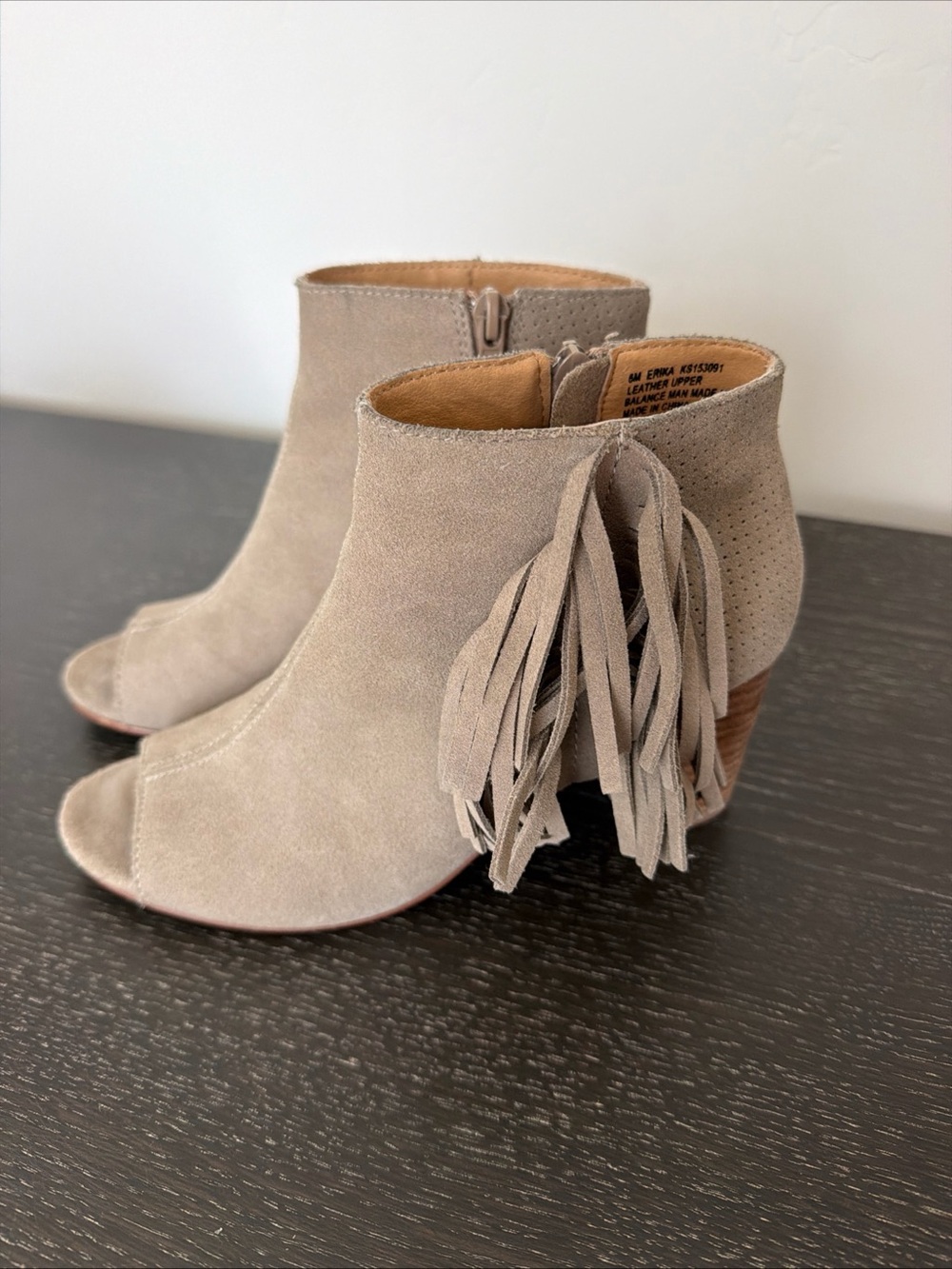 Kensie Taupe Suede Fringe Peep-Toe Ankle Booties